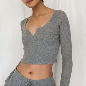 Aritzia TNA Waffle Scoopneck Long Sleeve Heather Dover Grey S